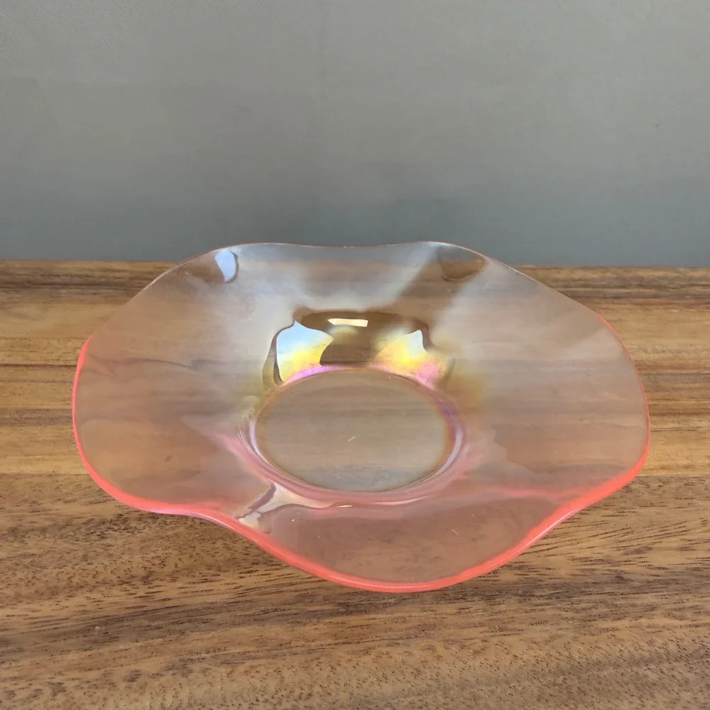 Vintage Pink Iridescent Glass Scalloped Ruffle Bowl Luster Finish 7.5